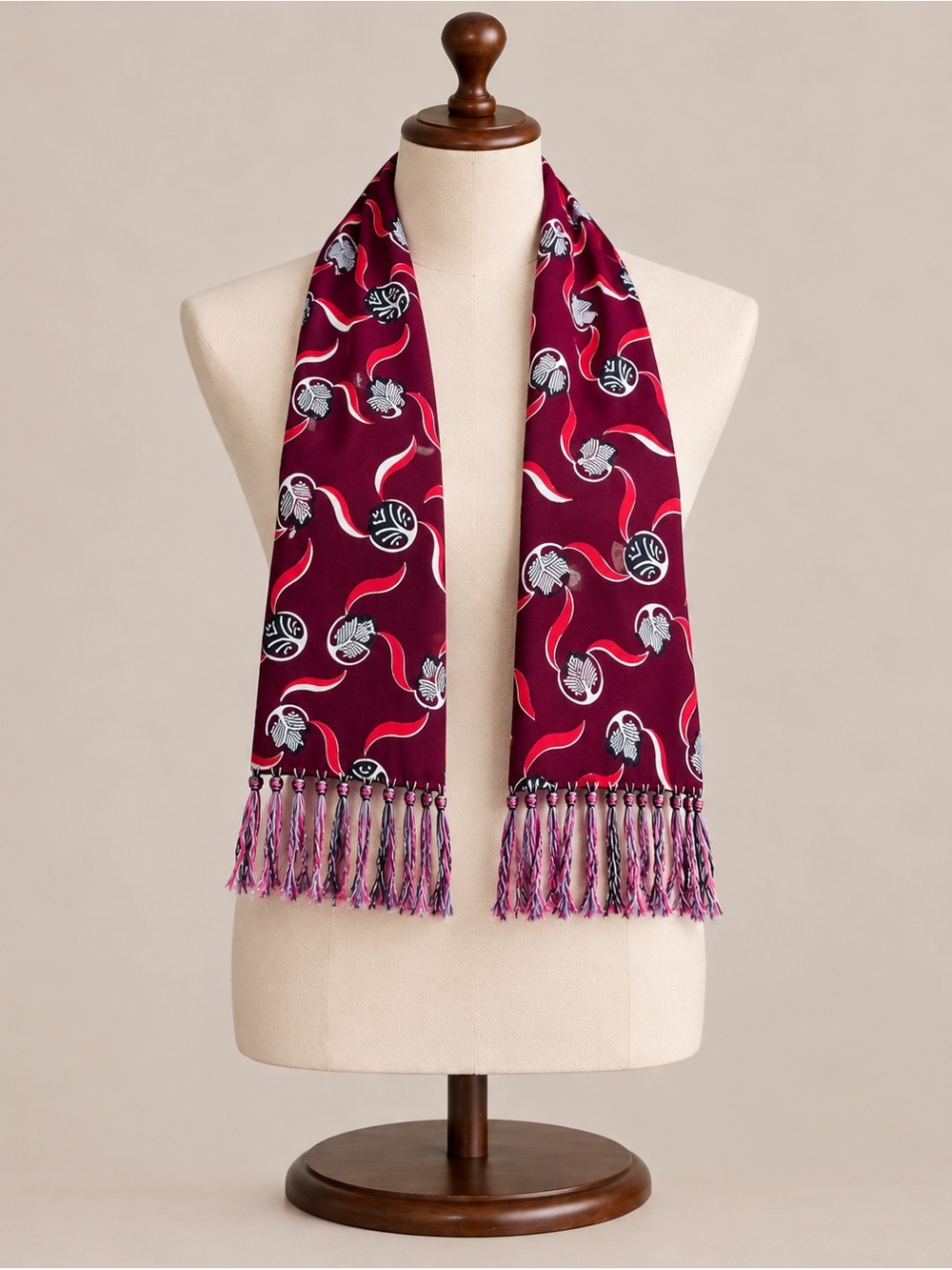 Vintage Currie Burgundy Scarf Red Black White Pattern Fringe
